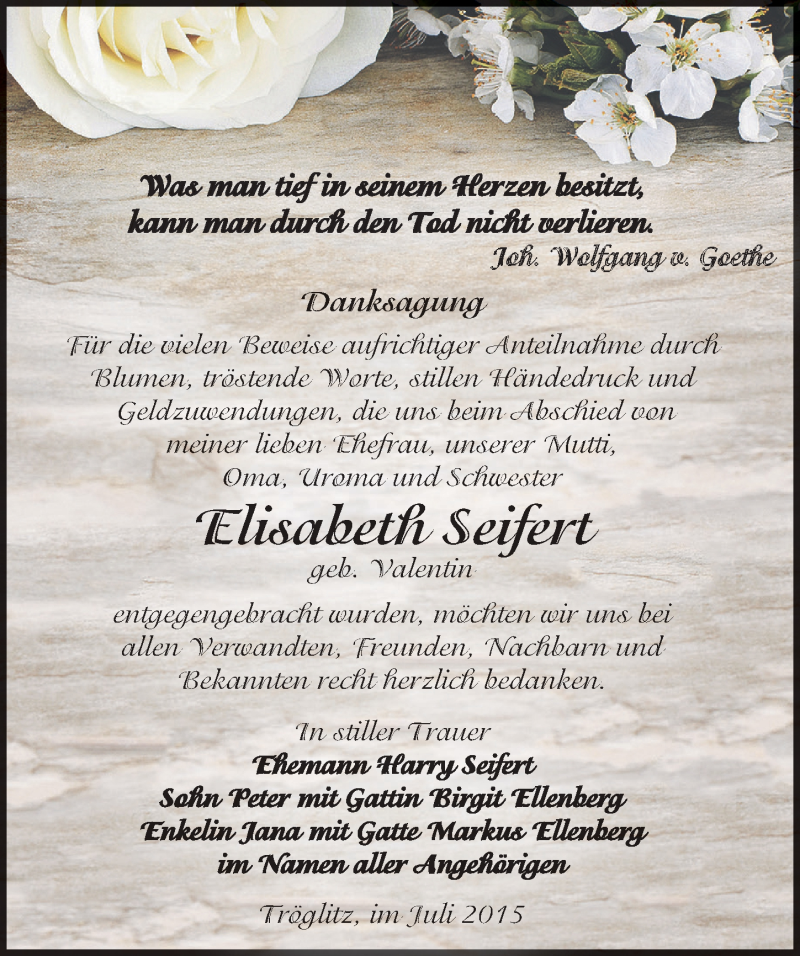  Traueranzeige für Elisabeth Seifert vom 08.08.2015 aus Mitteldeutsche Zeitung Zeitz