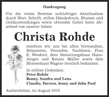 Traueranzeige von Christa Rohde von Super Sonntag Aschersleben