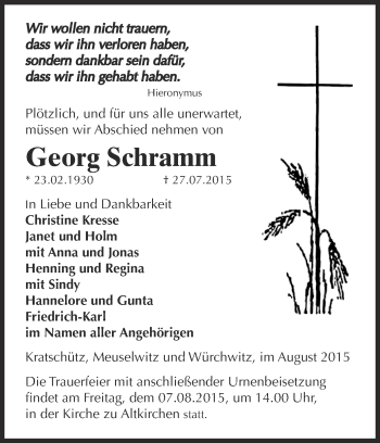 Traueranzeige von Georg Schramm von Super Sonntag Zeitz