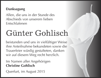 Traueranzeige von Günter Gohlisch von WVG - Wochenspiegel Merseburg