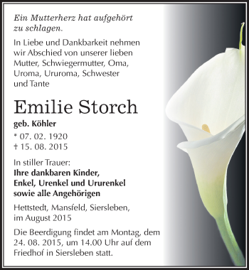 Traueranzeige von Emilie Storch von Mitteldeutsche Zeitung Mansfelder Land