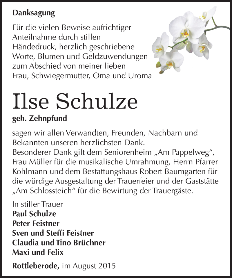  Traueranzeige für Ilse Schulze vom 08.08.2015 aus Mitteldeutsche Zeitung Sangerhausen