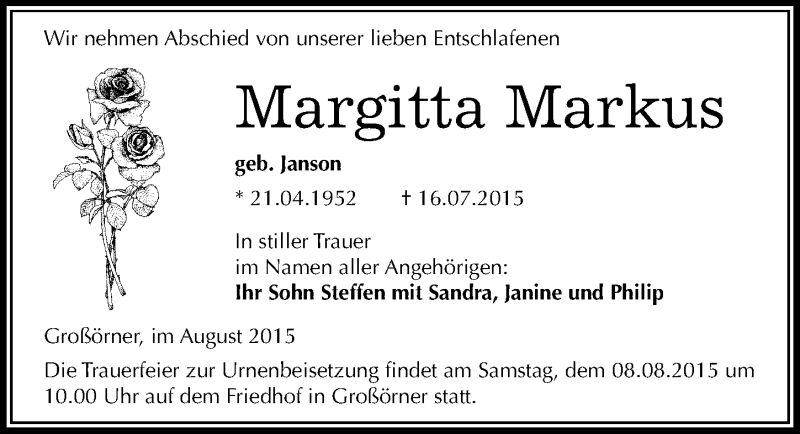  Traueranzeige für Margitta Markus vom 01.08.2015 aus Mitteldeutsche Zeitung Mansfelder Land