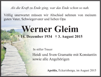 Traueranzeige von Werner Gleim von Mitteldeutsche Zeitung Naumburg/Nebra