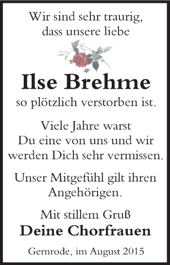 Traueranzeige von Ilse Brehme von Mitteldeutsche Zeitung Quedlinburg