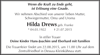Traueranzeige von Hilda Drews von WVG - Wochenspiegel Dessau / Köthen