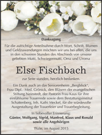Traueranzeige von Else Fischbach von Super Sonntag Quedlinburg