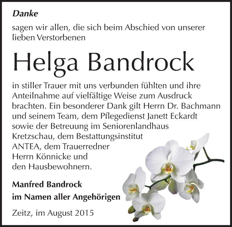  Traueranzeige für Helga Bandrock vom 15.08.2015 aus Mitteldeutsche Zeitung Zeitz