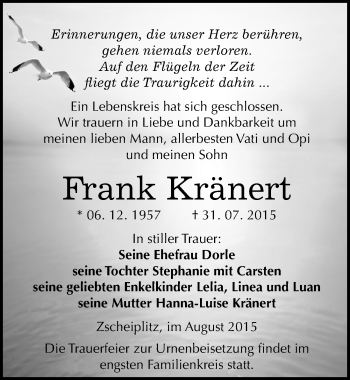 Traueranzeige von Frank Kränert von Mitteldeutsche Zeitung Naumburg/Nebra