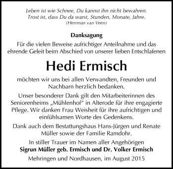 Traueranzeige von Hedi Ermisch von Mitteldeutsche Zeitung Aschersleben