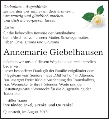 Traueranzeige von Annemarie Giebelhausen von Mitteldeutsche Zeitung Mansfelder Land