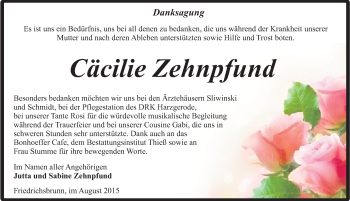 Traueranzeige von Cäcilie Zehnpfund von Mitteldeutsche Zeitung Quedlinburg