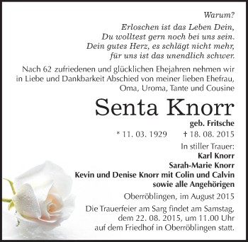 Traueranzeige von Senta Knorr von Mitteldeutsche Zeitung Sangerhausen