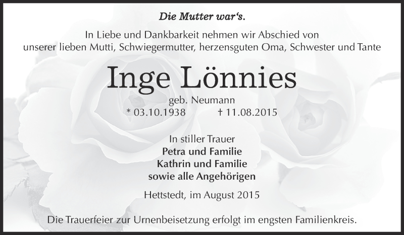  Traueranzeige für Inge Lönnies vom 15.08.2015 aus Super Sonntag SGH Mansf. Land