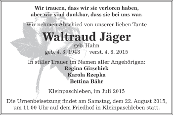 Traueranzeige von Waltraud Jäger von WVG - Wochenspiegel Dessau / Köthen