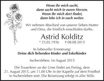 Traueranzeige von Astrid Kolditz von Super Sonntag Aschersleben