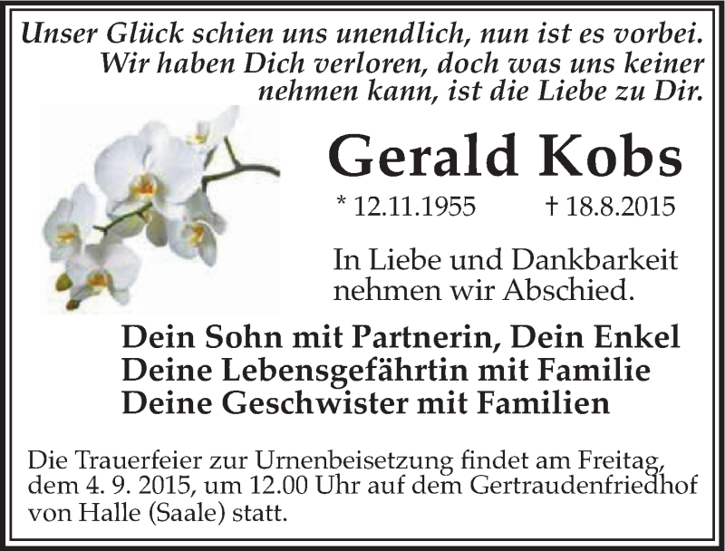  Traueranzeige für Gerald Kobs vom 22.08.2015 aus Mitteldeutsche Zeitung Halle/Saalkreis