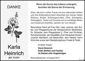 Traueranzeige von Karla Heinrich von WVG - Wochenspiegel NMB / WSF / ZTZ