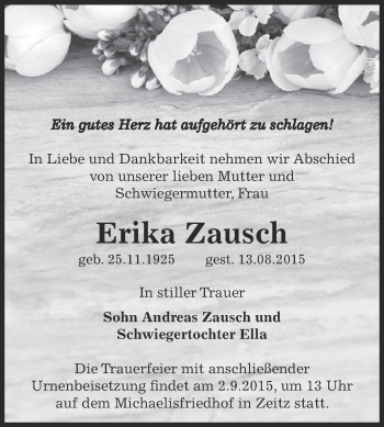 Traueranzeige von Erika Zausch von Super Sonntag Zeitz