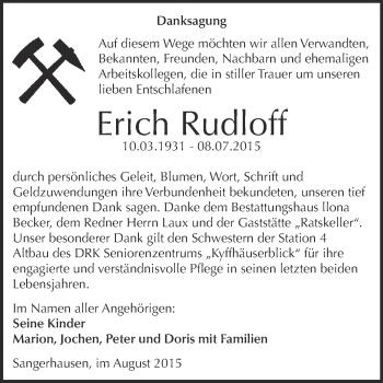 Traueranzeige von Erich Rudloff von Super Sonntag SGH Mansf. Land
