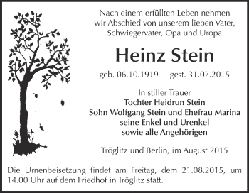 Traueranzeige von Heinz Stein von Super Sonntag Zeitz