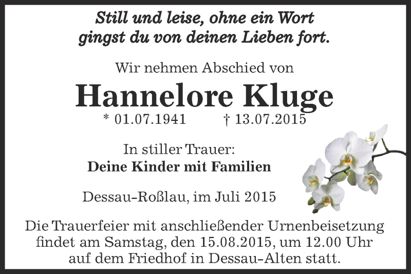  Traueranzeige für Hannelore Kluge vom 08.08.2015 aus WVG - Wochenspiegel Dessau / Köthen