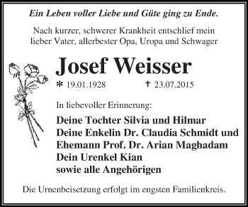 Traueranzeige von Josef Weisser von WVG - Wochenspiegel Dessau / Köthen