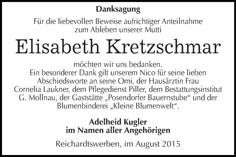  Traueranzeige für Elisabeth Kretzschmar vom 22.08.2015 aus WVG - Wochenspiegel Merseburg