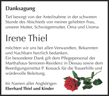 Traueranzeige von Irene Thiel von WVG - Wochenspiegel Dessau / Köthen