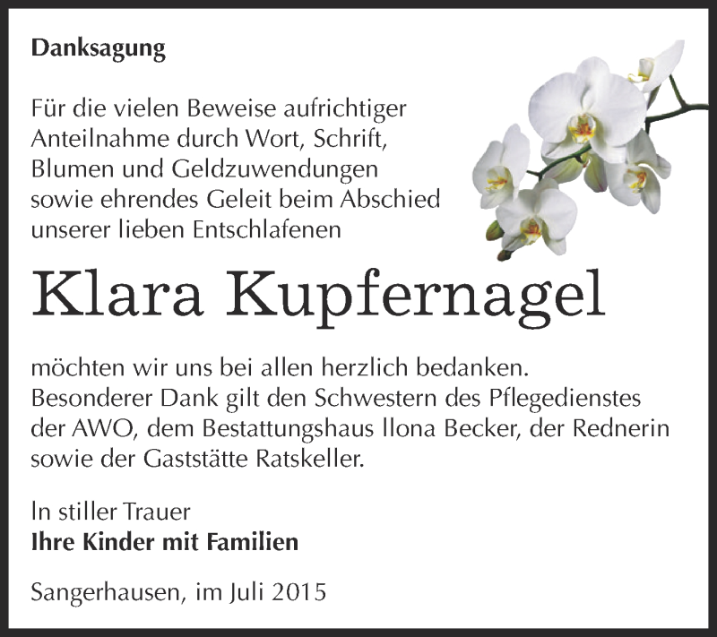  Traueranzeige für Klara Kupfernagel vom 01.08.2015 aus Super Sonntag SGH Mansf. Land