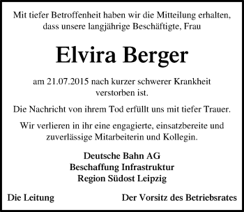 Traueranzeige von Elvira Berger von Mitteldeutsche Zeitung Mansfelder Land