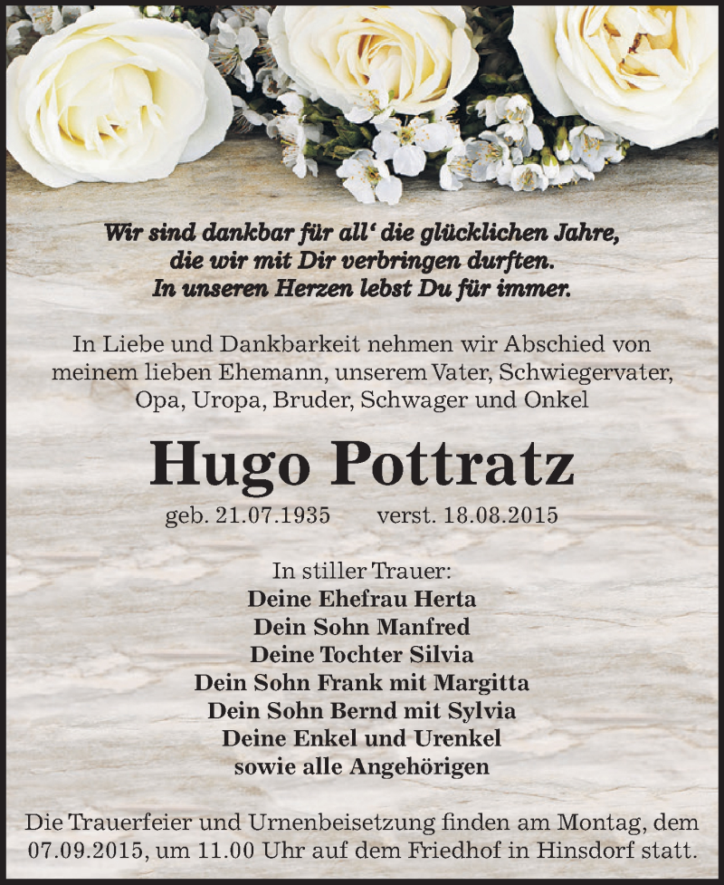  Traueranzeige für Hugo Pottratz vom 26.08.2015 aus WVG - Wochenspiegel Dessau / Köthen