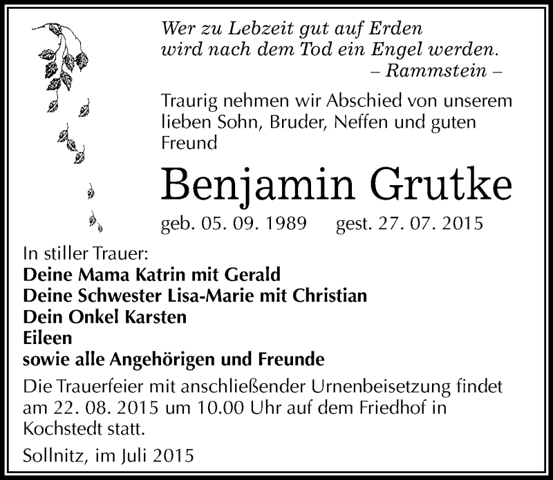 Traueranzeige für Benjamin Grutke vom 08.08.2015 aus Mitteldeutsche Zeitung Dessau-Roßlau