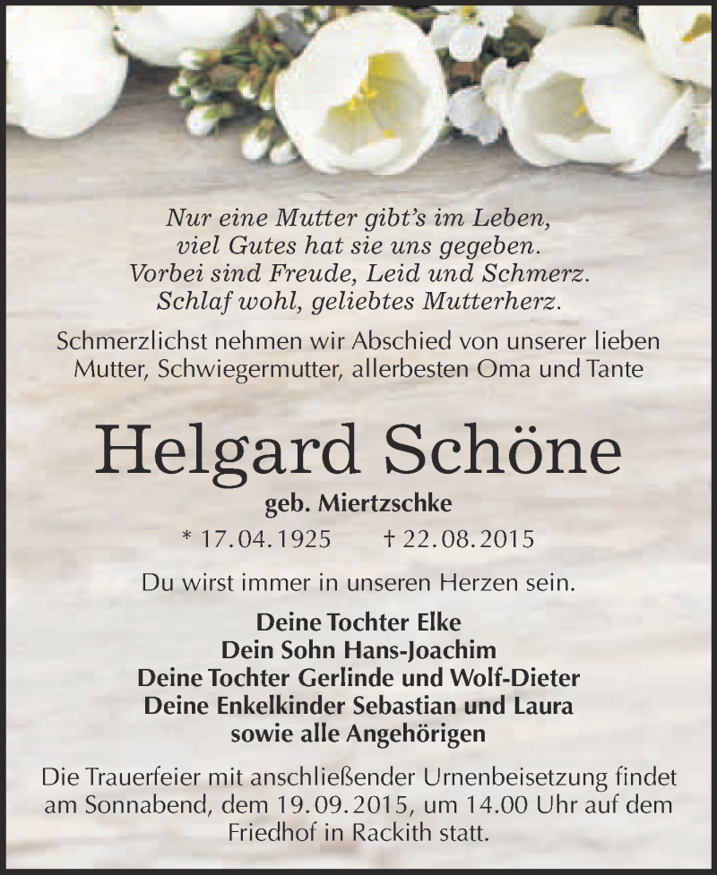  Traueranzeige für Helgard Schöne vom 29.08.2015 aus WVG - Wochenspiegel Wittenberg