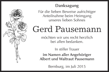 Traueranzeige von Gerd Pausemann von Super Sonntag Bernburg