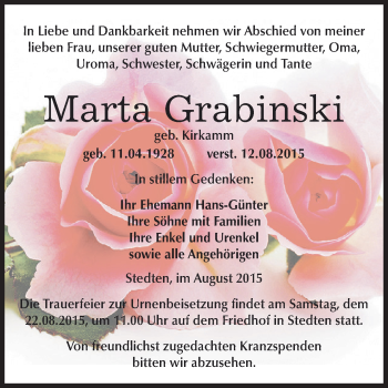 Traueranzeige von Marta Grabinski von Wochenspiegel Mansfelder Land