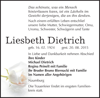 Traueranzeige von Liesbeth Dietrich von Mitteldeutsche Zeitung Naumburg/Nebra