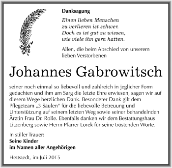 Traueranzeige von Johannes Gabrowitsch von Mitteldeutsche Zeitung Mansfelder Land