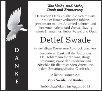 Traueranzeige von Detlef Swade von WVG - Wochenspiegel Dessau / Köthen