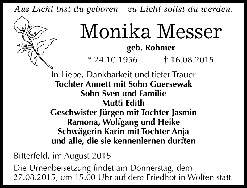  Traueranzeige für Monika Messer vom 22.08.2015 aus Mitteldeutsche Zeitung Bitterfeld