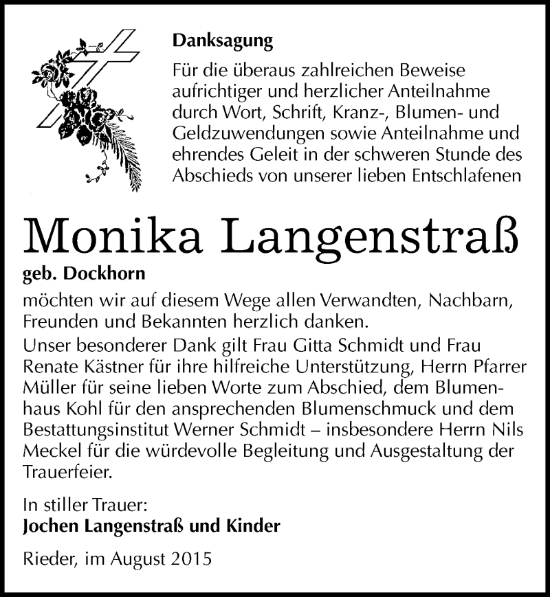  Traueranzeige für Monika Langenstraß vom 29.08.2015 aus Mitteldeutsche Zeitung Quedlinburg