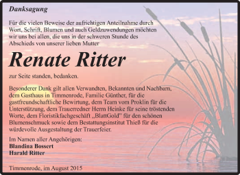Traueranzeige von Renate Ritter von Super Sonntag Quedlinburg