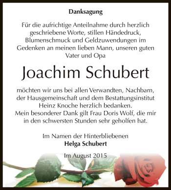 Traueranzeige von Joachim Schubert von Super Sonntag Aschersleben
