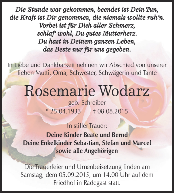 Traueranzeige von Rosemarie Wodarz von WVG - Wochenspiegel Dessau / Köthen