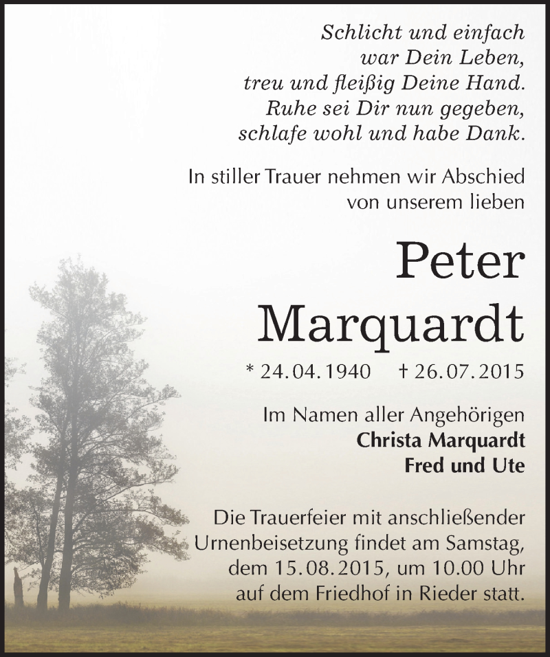  Traueranzeige für Peter Marquardt vom 01.08.2015 aus Mitteldeutsche Zeitung Quedlinburg