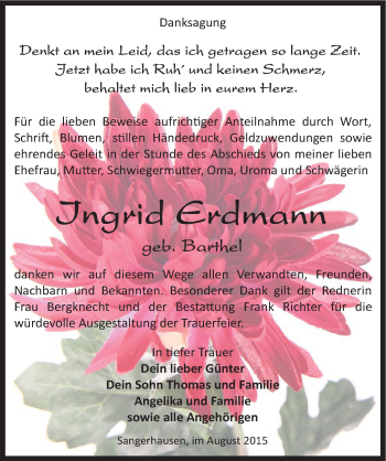 Traueranzeige von Ingrid Erdmann von Mitteldeutsche Zeitung Sangerhausen