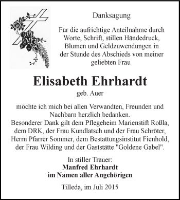 Traueranzeige von Elisabeth Ehrhardt von Super Sonntag SGH Mansf. Land