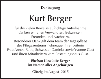 Traueranzeige von Kurt Berger von WVG - Wochenspiegel Dessau / Köthen
