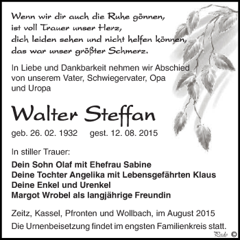 Traueranzeige von Walter Steffan von Super Sonntag Zeitz