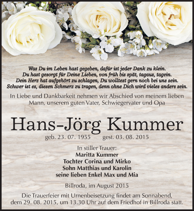  Traueranzeige für Hans-Jörg Kummer vom 08.08.2015 aus Mitteldeutsche Zeitung Naumburg/Nebra